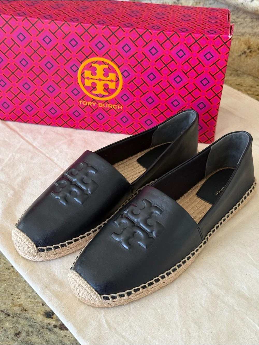 Tory Burch Black Leather Espadrille Flats with Braided Jute Trim